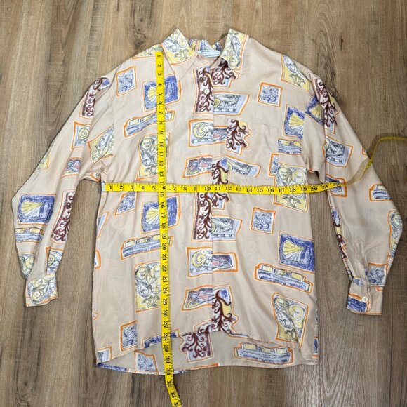 Vintage Dalmys 100% Silk Button Down Shirt Tan Abstract Oversized Artsy M - Picture 3 of 8